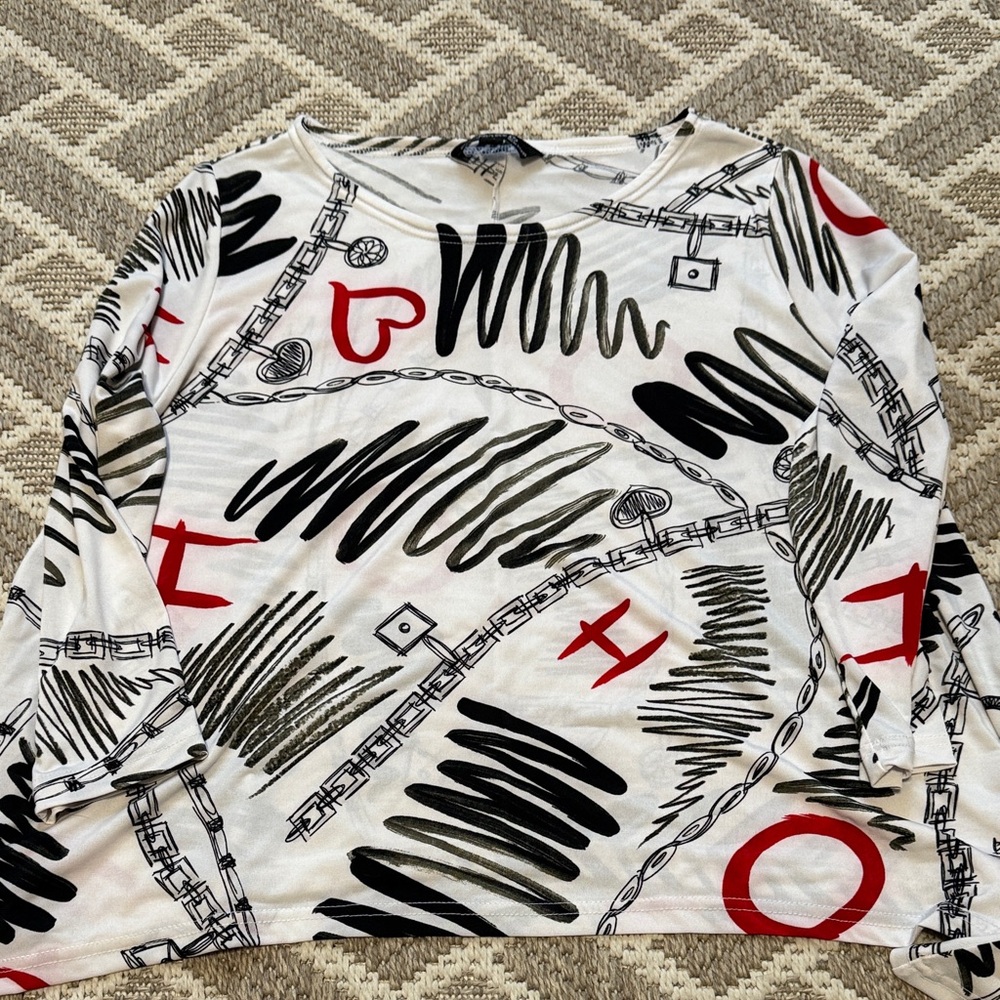 CHARLIE B Long Sleeve Top with Black, Red, and White Graphic